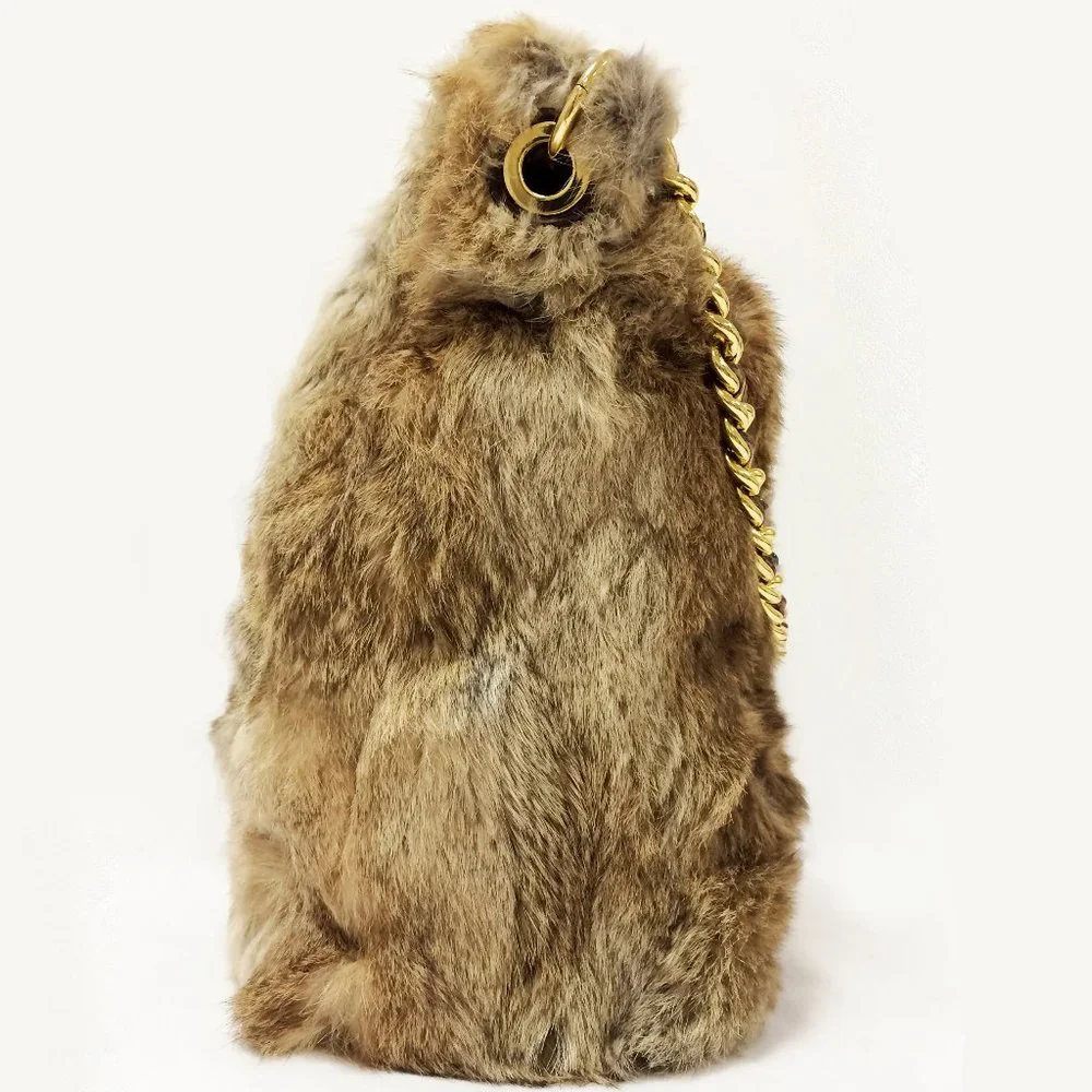 Tory Burch Genuine Rabbit Fur Shoulder Bag Natural Brown Gold Chain Strap